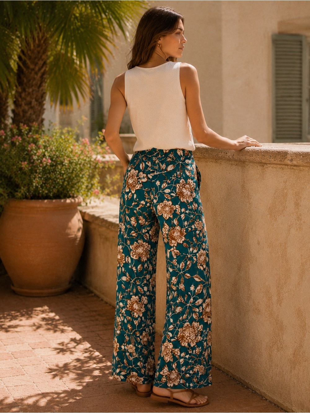 Sezane Baptisto Teal Cream Floral Linen Cotton Wide Leg Pant 6 - Picture 16 of 16